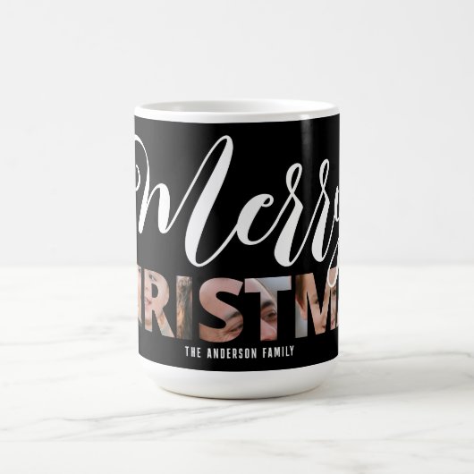 Laden Sie Ihr Foto in Text Frohe Weihnachten Verwandlungstasse (Zentrum)