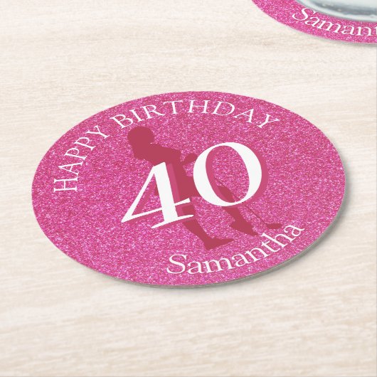 LADIES PINK GLITTER BIG BIRTHDAY RUNDER PAPPUNTERSETZER (Angewinkelt)