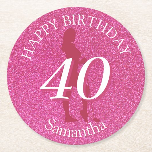 LADIES PINK GLITTER BIG BIRTHDAY RUNDER PAPPUNTERSETZER (Vorderseite)