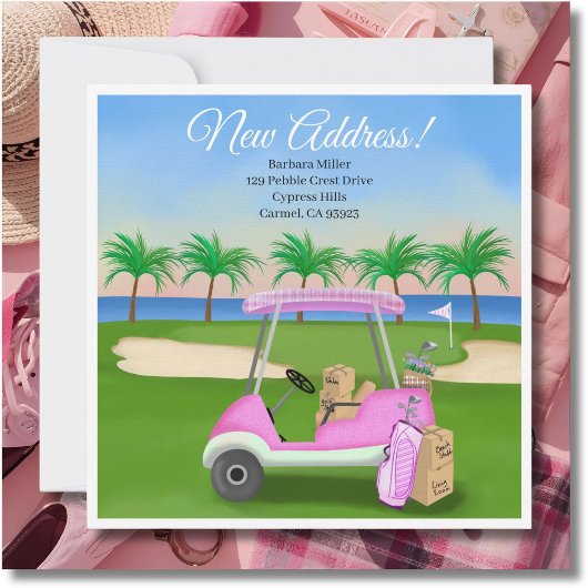 Ladies Pink Golf Cart Moving Boxes Beach Golf Ankündigung
