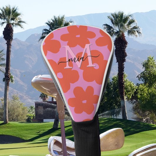 Ladies Retro Bold Pink Orange Floral Monogram  Golf Headcover
