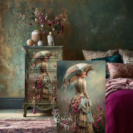 Lady & a Parasol Ethereal Floral Field Seidenpapier