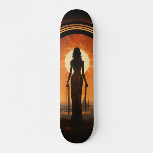 Lady Against Sunset Art Nouveau Sci-Fi Dystopia Skateboard (Vorne)