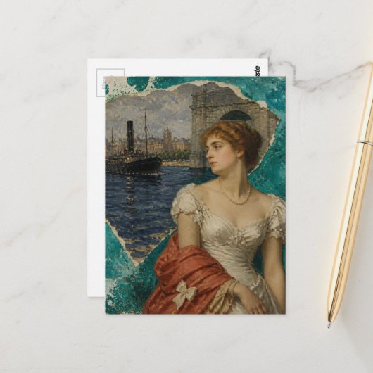 Lady Along the River Mixed Media AI Collage Postkarte (Vorderseite/Rückseite Beispiel)