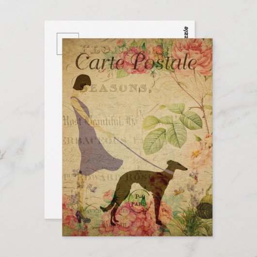Lady and Greyhound Vintage französische Postkarte (Vorne/Hinten)