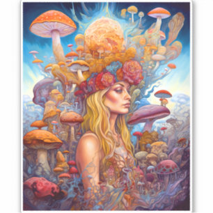 Lady and Mushrooms Surreal Fantasy Art Aufkleber