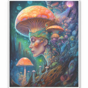Lady and Mushrooms Surreal Fantasy Art Aufkleber
