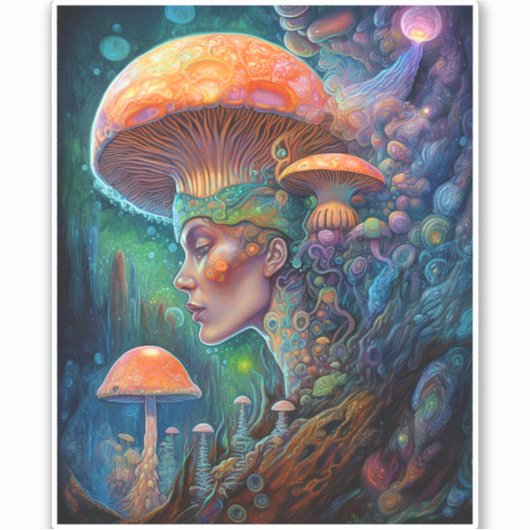 Lady and Mushrooms Surreal Fantasy Art Aufkleber (Vorderseite)