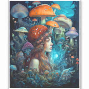 Lady and Mushrooms Surreal Fantasy Art Aufkleber