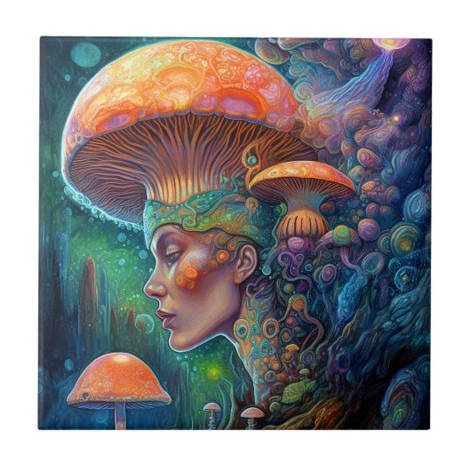 Lady and Mushrooms Surreal Fantasy Art Fliese (Vorderseite)