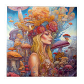 Lady and Mushrooms Surreal Fantasy Art Fliese (Vorderseite)