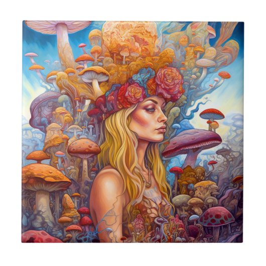 Lady and Mushrooms Surreal Fantasy Art Fliese (Vorderseite)