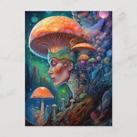 Lady and Mushrooms Surreal Fantasy Art Postkarte (Vorderseite)