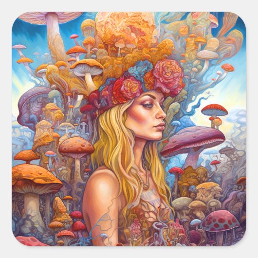 Lady and Mushrooms Surreal Fantasy Art Quadratischer Aufkleber (Vorderseite)