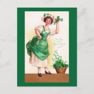 Lady and Potted Kleeblatts Vintag St. Patrick's Postkarte