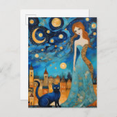 Lady and the Cat in City at Night Postkarte (Vorne/Hinten)