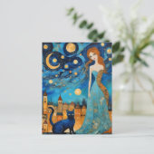 Lady and the Cat in City at Night Postkarte (Stehend Vorderseite)