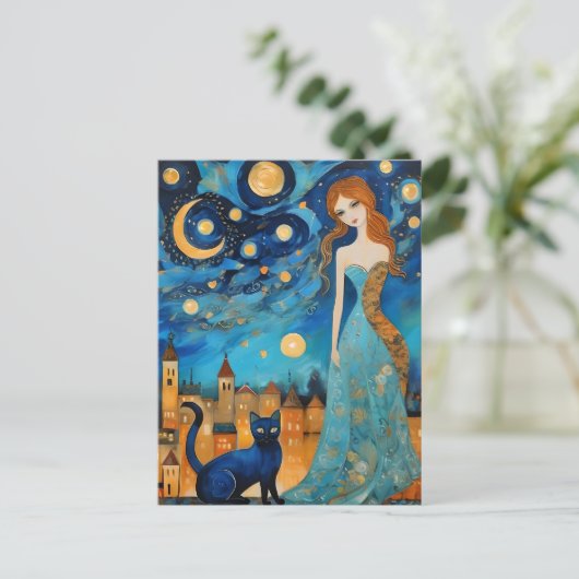 Lady and the Cat in City at Night Postkarte (Stehend Vorderseite)