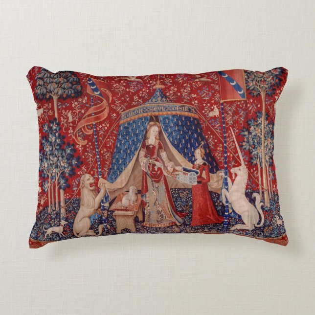 Lady and Unicorn Mittelalterliche Tapestry Dekokissen (Vorderseite)