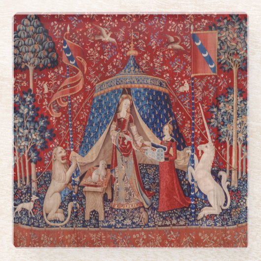 Lady and Unicorn Mittelalterliche Tapestry Glasuntersetzer (Vorderseite)
