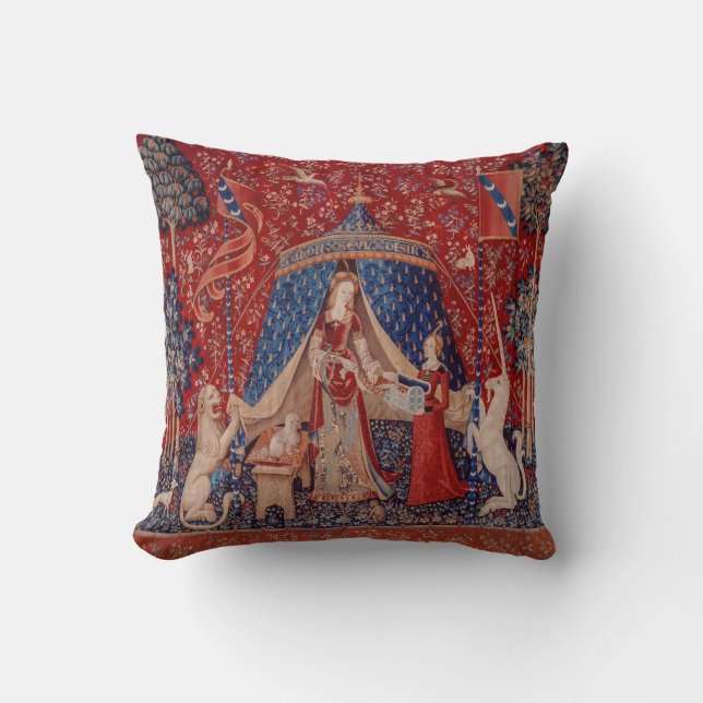 Lady and Unicorn Mittelalterliche Tapestry Kissen (Vorderseite)
