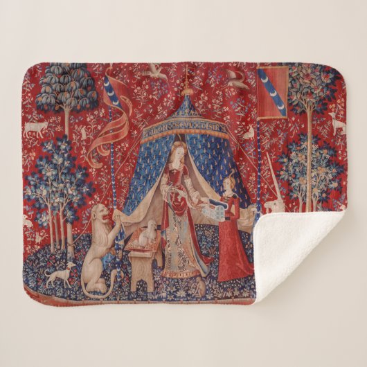 Lady and Unicorn Mittelalterliche Tapestry Sherpadecke (Vorderseite (Horizontal))