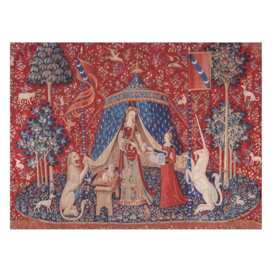 Lady and Unicorn Mittelalterliche Tapestry Tischdecke (Vorderseite (Horizontal))