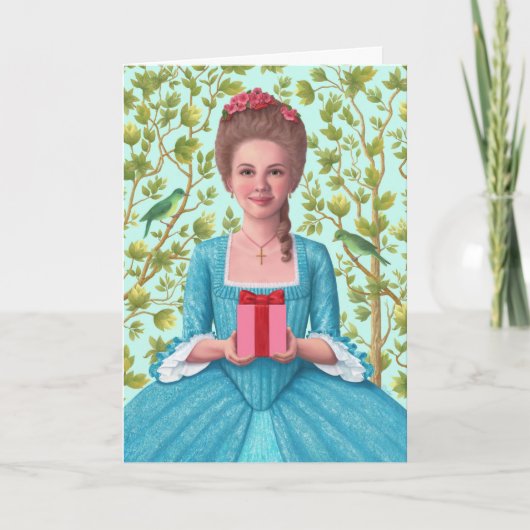 "Lady aus dem 18. Jahrhundert, die ein Geschenk hä Karte (Vorderseite)