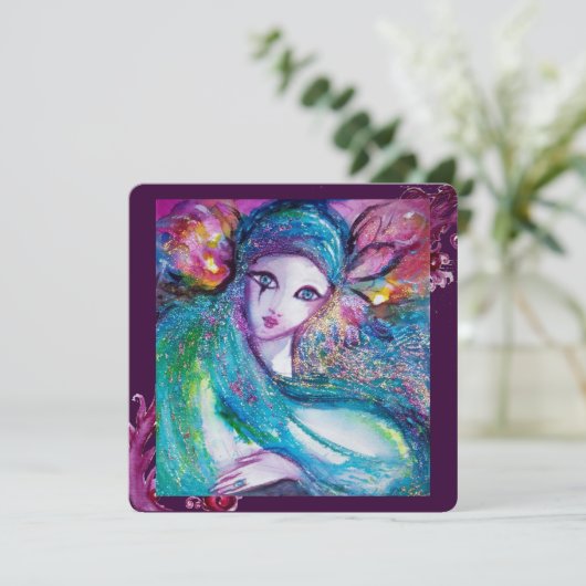 LADY BLUE MASK Elegantes Party, Aquamarin Schwarz Einladung (Stehend Vorderseite)