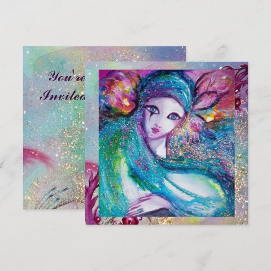 LADY BLUE MASK Elegantes Venezianisches Masquerade Einladung (Vorne/Hinten)