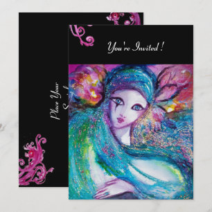 LADY BLUE MASK Maskenball Rot wirbelnd Schwarz Einladung