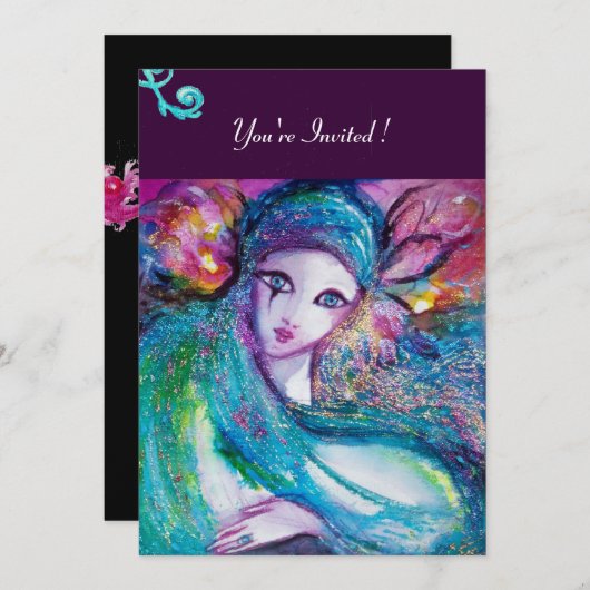 LADY BLUE MASK Masquerade Party, Pink Aquamarin Bl Einladung (Vorne/Hinten)