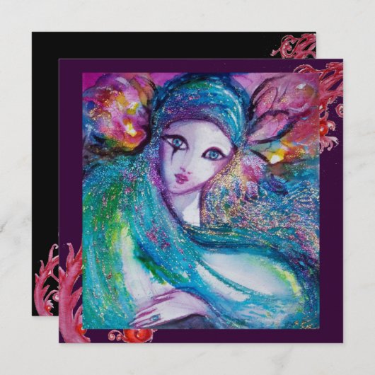 LADY BLUE MASK Masquerade Party, Rote Lila Wirbel Einladung (Vorne/Hinten)