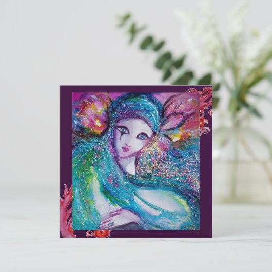 LADY BLUE MASK Masquerade Party, Rote Lila Wirbel Einladung (Stehend Vorderseite)