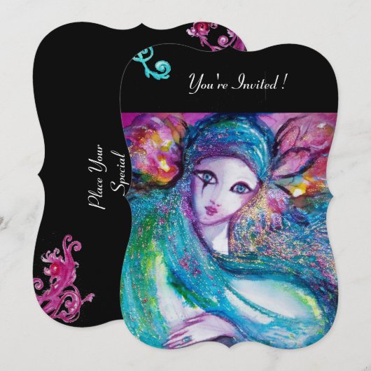 LADY BLUE MASK Masquerade Party, Rote Schwarze Blü Einladung (Vorne/Hinten)