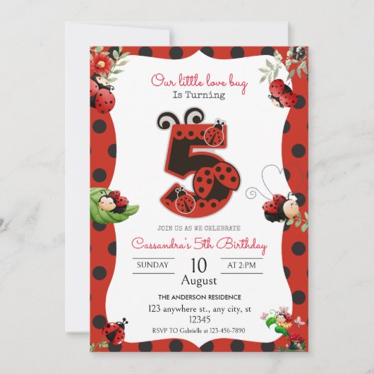 Lady Bug 5. Geburtstagsparty Einladung (Vorderseite)