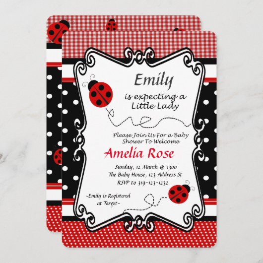 Lady Bug Baby Shower, Baby Girl, Picnic Theme Einladung (Vorne/Hinten)