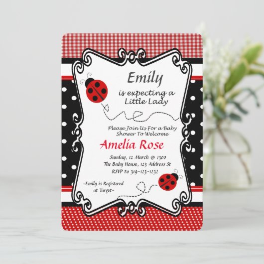 Lady Bug Baby Shower, Baby Girl, Picnic Theme Einladung (Stehend Vorderseite)