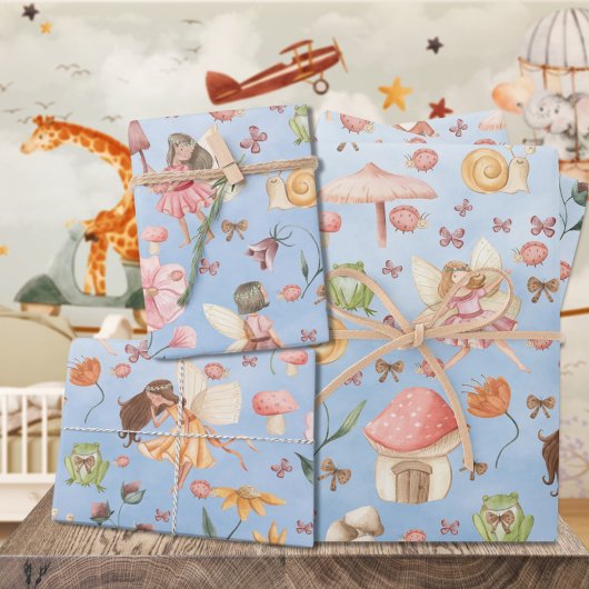 Lady Bug Butterfly Toad Gnome Fairies Garden Blue Geschenkpapier Set