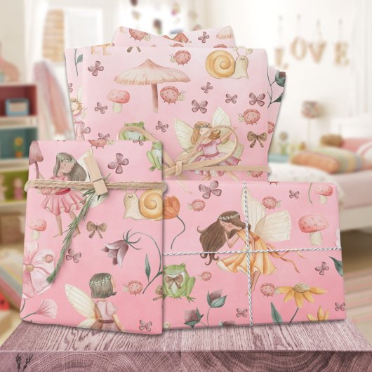 Lady Bug Butterfly Toad Gnome Fairies Garden Pink Geschenkpapier Set