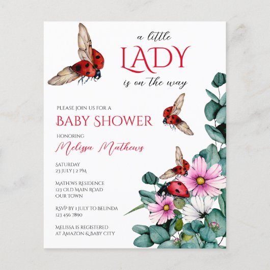 Lady Bug Kleine Dame Babydusche Einladung (Vorderseite)