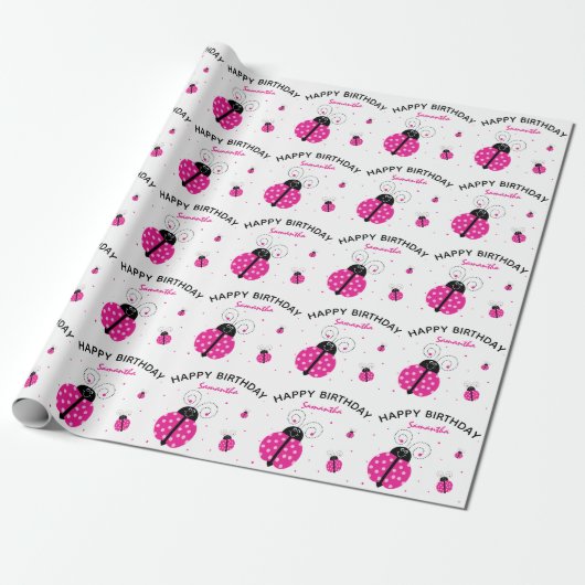 Lady Bug Pink Happy Birthday Geschenkpapier (Ungerollt)