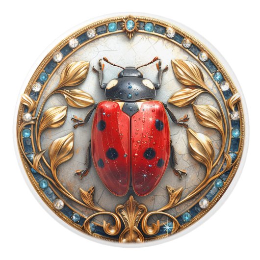 Lady Bug Wertvolle Edelsteine Elegante Gold Blätte Keramikknauf (Vorderseite)
