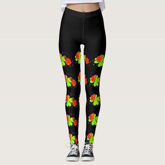 Lady Bugs auf einem Kleeblatt Pattern Schwarze Top Leggings (Vorderseite)