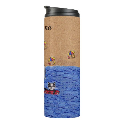 Lady Cat Schwimmen im Ocean Inner Tubes Dolphin Thermosbecher (Nach rechts gedreht)