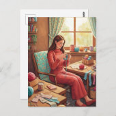 Lady Crocheting in Her Cozy Craftting Room Postkarte (Vorne/Hinten)