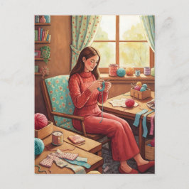 Lady Crocheting  in Her Cozy Craftting Room  Postkarte