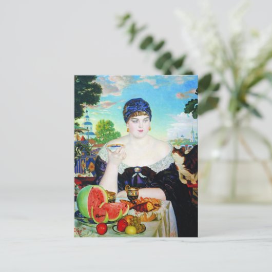 Lady Drinking Tea with Cat Postkarte (Stehend Vorderseite)