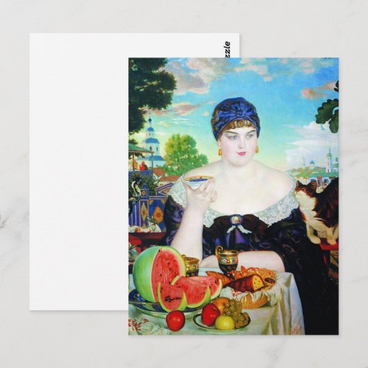 Lady Drinking Tea with Cat Postkarte (Vorne/Hinten)