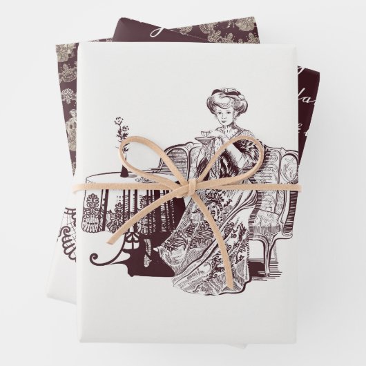 Lady Drinks Tee Wrapping Papier Flachblatt Set von (Beispiel)